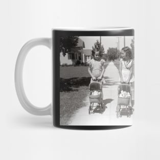 Girls Pushing Baby Buggies, 1941. Vintage Photo Mug